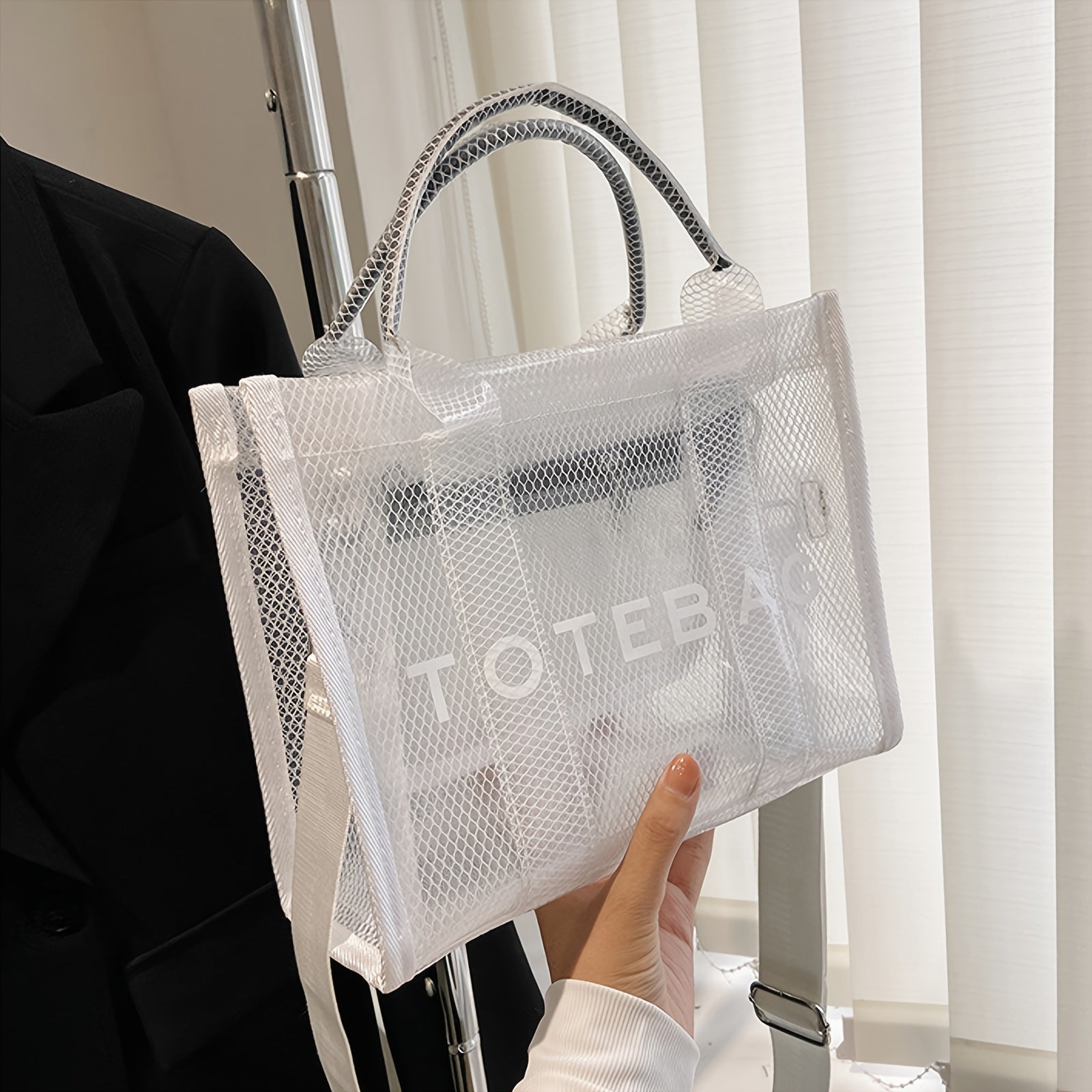 Stylish Transparent PVC Tote Bag with Crystal Detail – White Mesh Shoulder Handbag for Beach, Travel, and City Outings, City Shoulder Bag | Modern Handbag | Detachable Strap Bag
