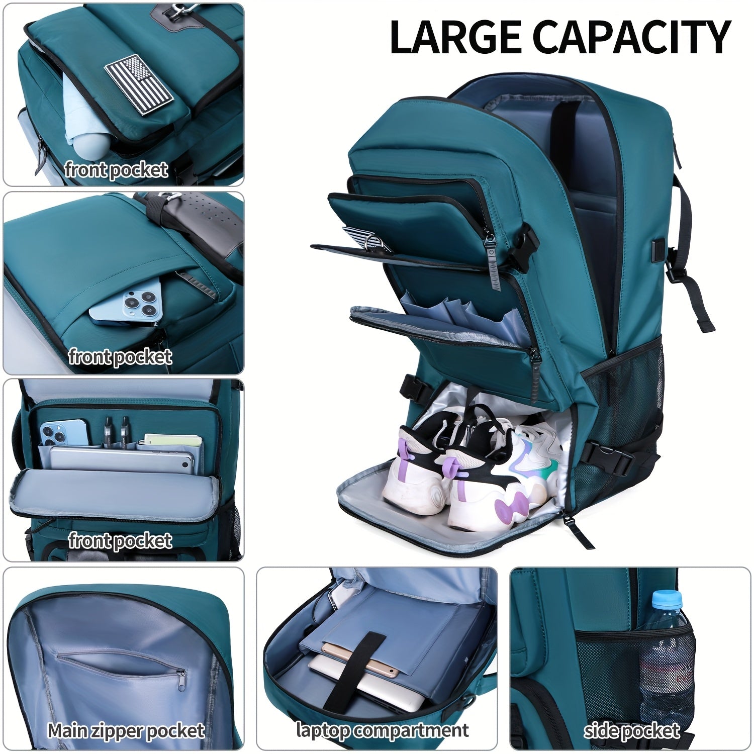 Lightweight Travel Backpack, Polyester Lining, Adjustable Straps, USB Charging, With Shoe Compartment, Zip Closure, Unisex Outdoor Camping Backpacks