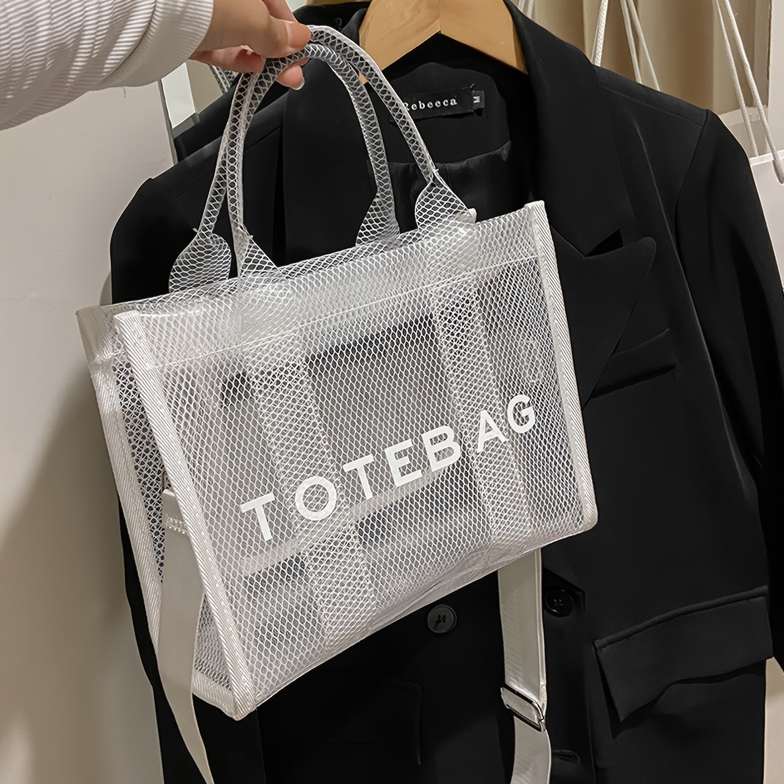 Stylish Transparent PVC Tote Bag with Crystal Detail – White Mesh Shoulder Handbag for Beach, Travel, and City Outings, City Shoulder Bag | Modern Handbag | Detachable Strap Bag