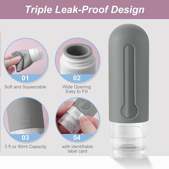 AMMAX 4 Pack Travel Bottles - BPA Free, Leak Proof, Refillable 3.3oz Tubs for Toiletries, Cosmetic Shampoo, Lotion & Soap, with Toiletry Bag