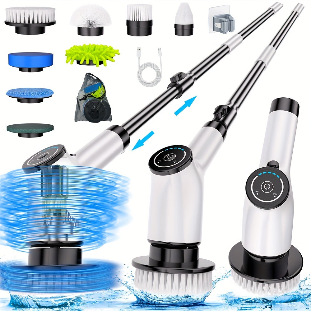 Electric Spin Scrubber, Cordless Cleaning Brush with 8 Replaceable Brush Heads and Adjustable Extension Handle, Power Scrubber Dual Speed Shower Scrubber for Tub, Tile, Floor, Bathroom, Kitchen, Car