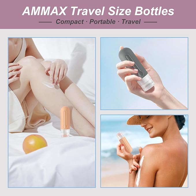 AMMAX 4 Pack Travel Bottles - BPA Free, Leak Proof, Refillable 3.3oz Tubs for Toiletries, Cosmetic Shampoo, Lotion & Soap, with Toiletry Bag