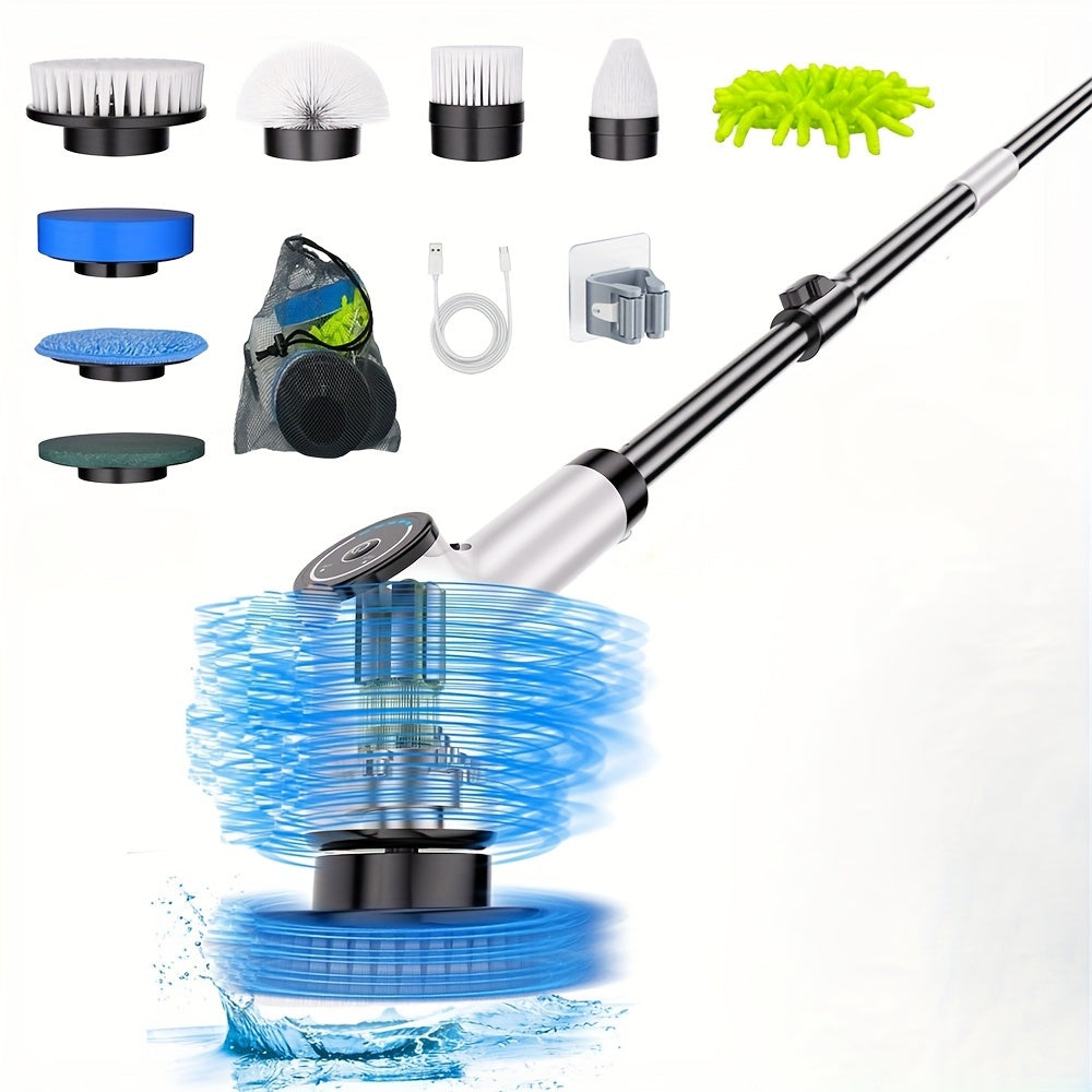 Electric Spin Scrubber, Cordless Cleaning Brush with 8 Replaceable Brush Heads and Adjustable Extension Handle, Power Scrubber Dual Speed Shower Scrubber for Tub, Tile, Floor, Bathroom, Kitchen, Car