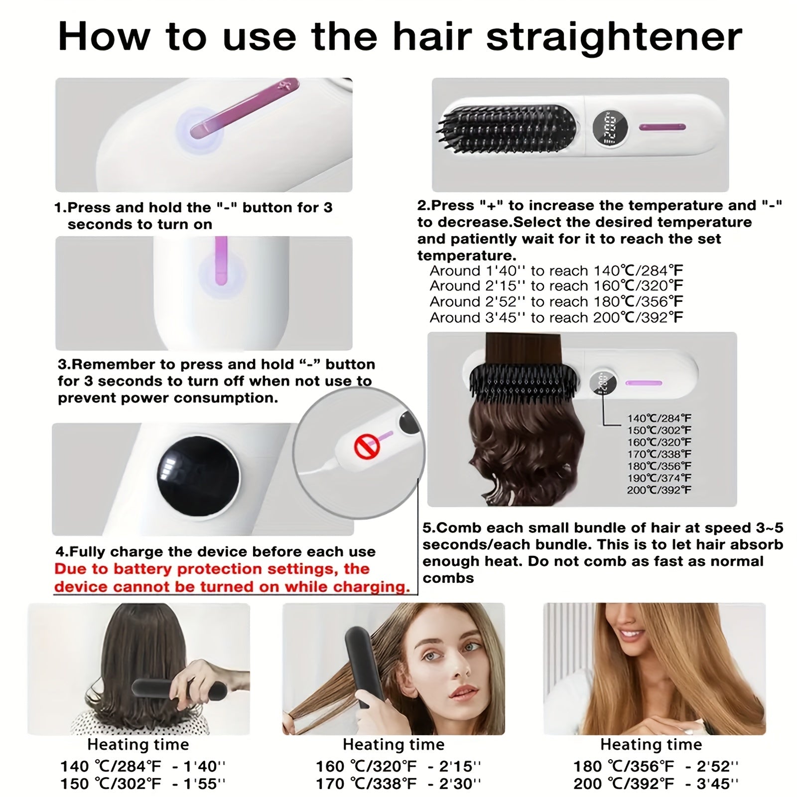Cordless Hair Straightener for Travel,Mini Hair Straightener Comb with Negative Ion,Portable hot Brush Hair Straightener for Women, Rechargeable 9600mAh Battery, Anti-Scald,12 Temp-Setting