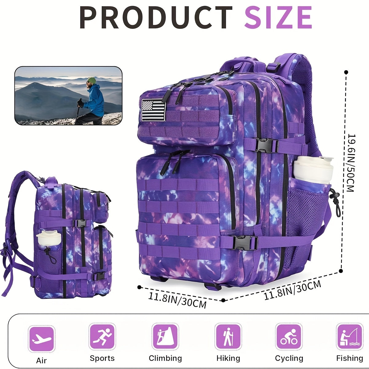 Military 45L Tactical Assault Backpack 3 day assault pack with Molle Waterproof backpack Purple Magic Color