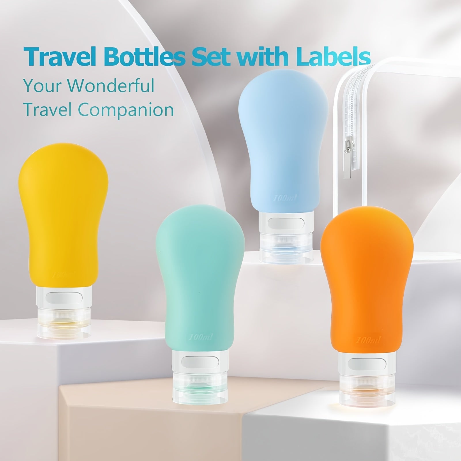 AMMAX 4 Pack Travel Bottles - BPA Free, Leak Proof, Refillable 3.3oz Tubs for Toiletries, Cosmetic Shampoo, Lotion & Soap, with Toiletry Bag