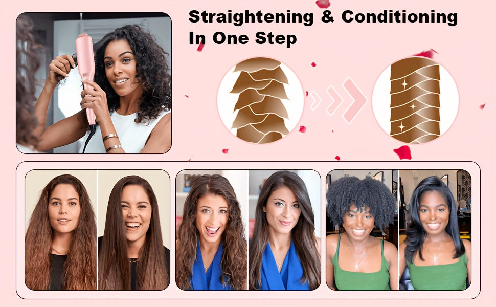 Hair Straightener Brush: Ceramic Negative Ionic Hot Brush for Straightening Smoothing Hair - Reduce Frizz 30s Fast Heating Dual Voltage