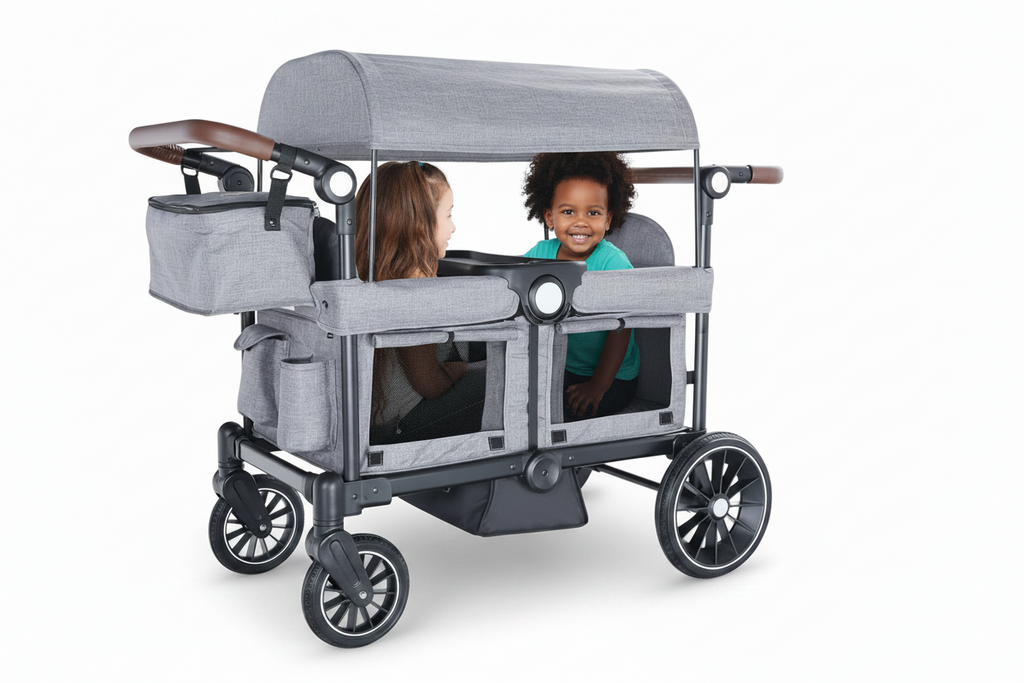 Double stroller with two children sitting inside on a white background