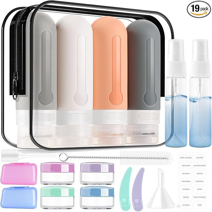 AMMAX 4 Pack Travel Bottles - BPA Free, Leak Proof, Refillable 3.3oz Tubs for Toiletries, Cosmetic Shampoo, Lotion & Soap, with Toiletry Bag