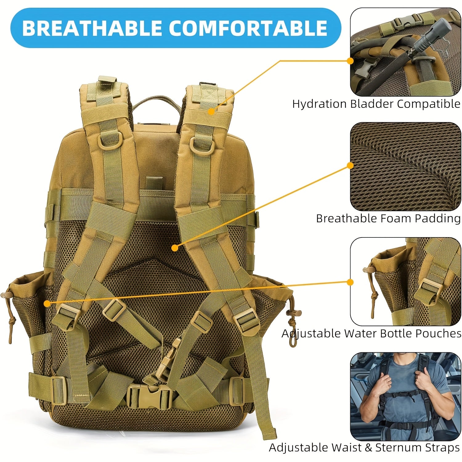 Military 45L Tactical Assault Backpack 3 day assault pack with Molle Waterproof backpack Khaki