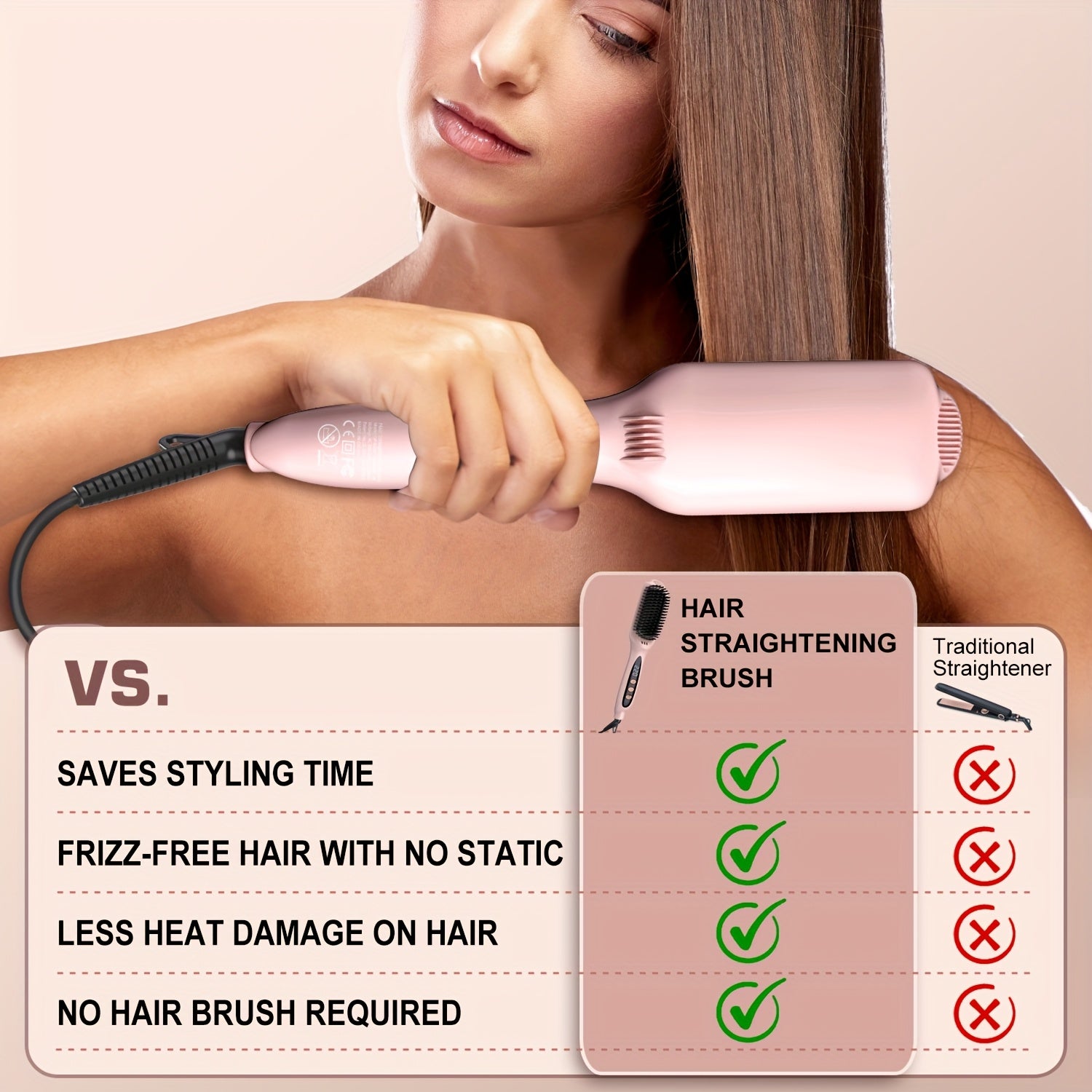 Hair Straightener Brush: Ceramic Negative Ionic Hot Brush for Straightening Smoothing Hair - Reduce Frizz 30s Fast Heating Dual Voltage