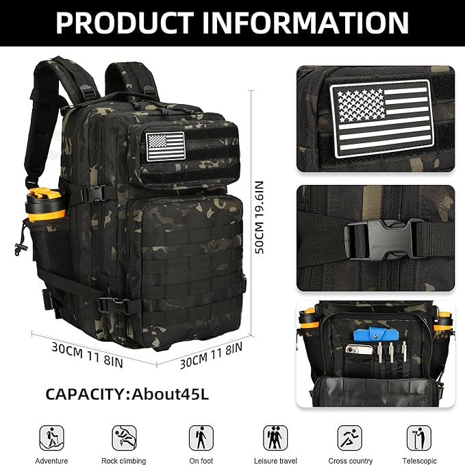 Military 45L Tactical Assault Backpack 3 day assault pack with Molle Waterproof backpack Camouflage