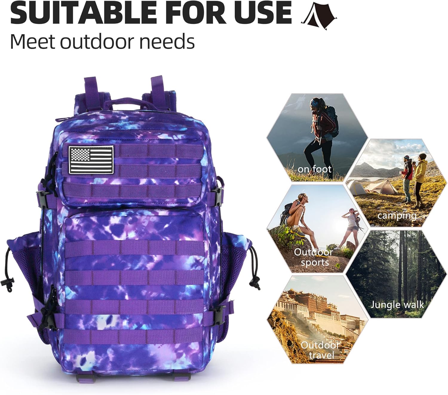 Military 45L Tactical Assault Backpack 3 day assault pack with Molle Waterproof backpack Purple Magic Color