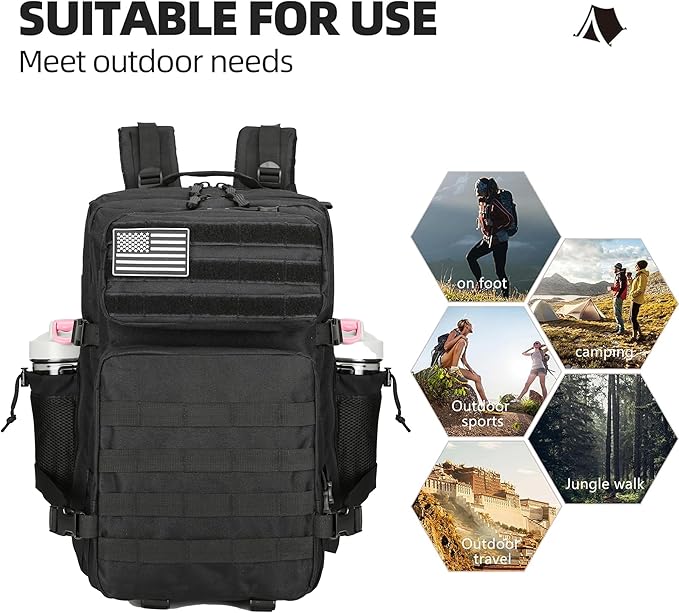 Military 45L Tactical Assault Backpack 3 day assault pack with Molle Waterproof backpack Black