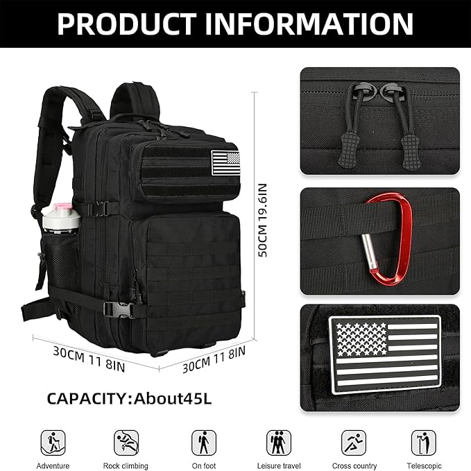 Military 45L Tactical Assault Backpack 3 day assault pack with Molle Waterproof backpack Black