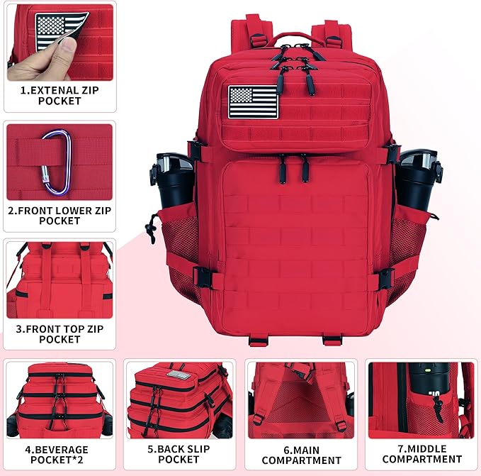 Military 45L Tactical Assault Backpack 3 day assault pack with Molle Waterproof backpack RED