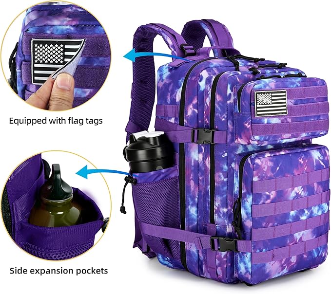 Military 45L Tactical Assault Backpack 3 day assault pack with Molle Waterproof backpack Purple Magic Color