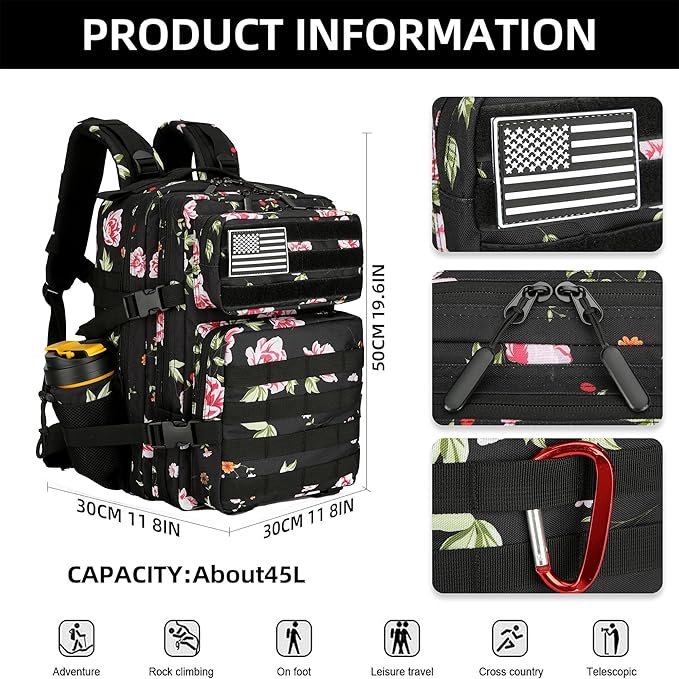Military 45L Tactical Assault Backpack 3 day assault pack with Molle Waterproof backpack Peony