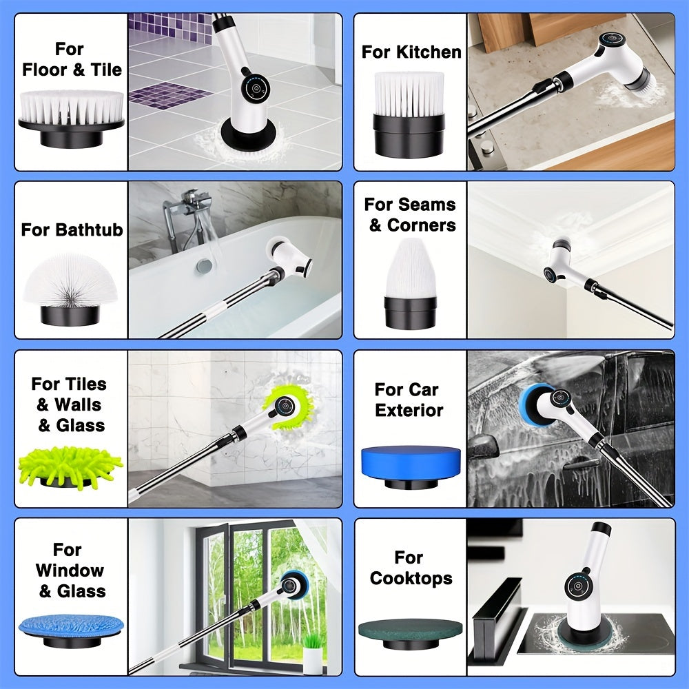 Electric Spin Scrubber, Cordless Cleaning Brush with 8 Replaceable Brush Heads and Adjustable Extension Handle, Power Scrubber Dual Speed Shower Scrubber for Tub, Tile, Floor, Bathroom, Kitchen, Car