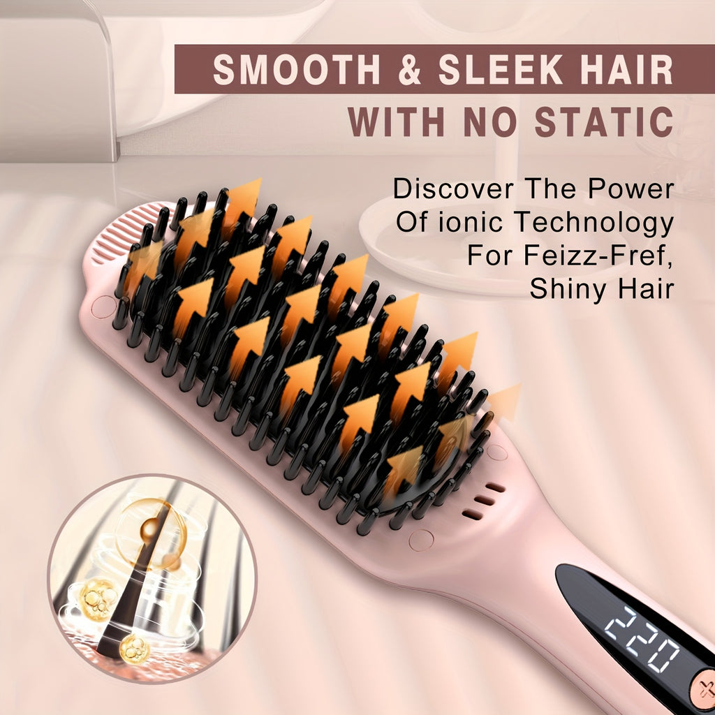 Hair Straightener Brush: Ceramic Negative Ionic Hot Brush for Straightening Smoothing Hair - Reduce Frizz 30s Fast Heating Dual Voltage