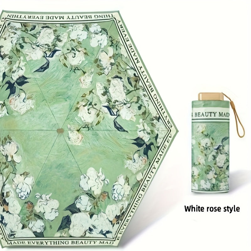 Foldable Umbrella Stylish Floral Card Design, Durable Iron Frame, Manual Open, Compact & Lightweight for Rain or Sun Protection, Rainproof Umbrella