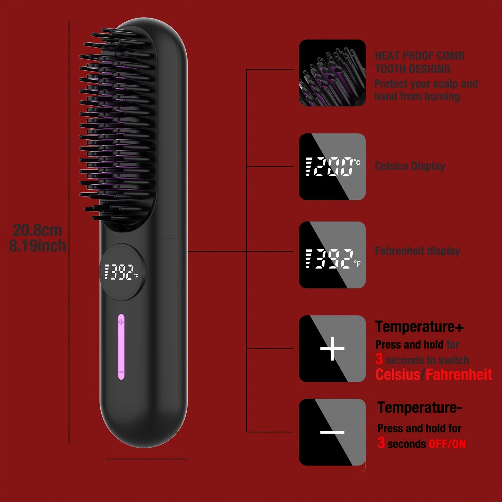 Cordless Hair Straightener for Travel,Mini Hair Straightener Comb with Negative Ion,Portable hot Brush Hair Straightener for Women, Rechargeable 9600mAh Battery, Anti-Scald,12 Temp-Setting