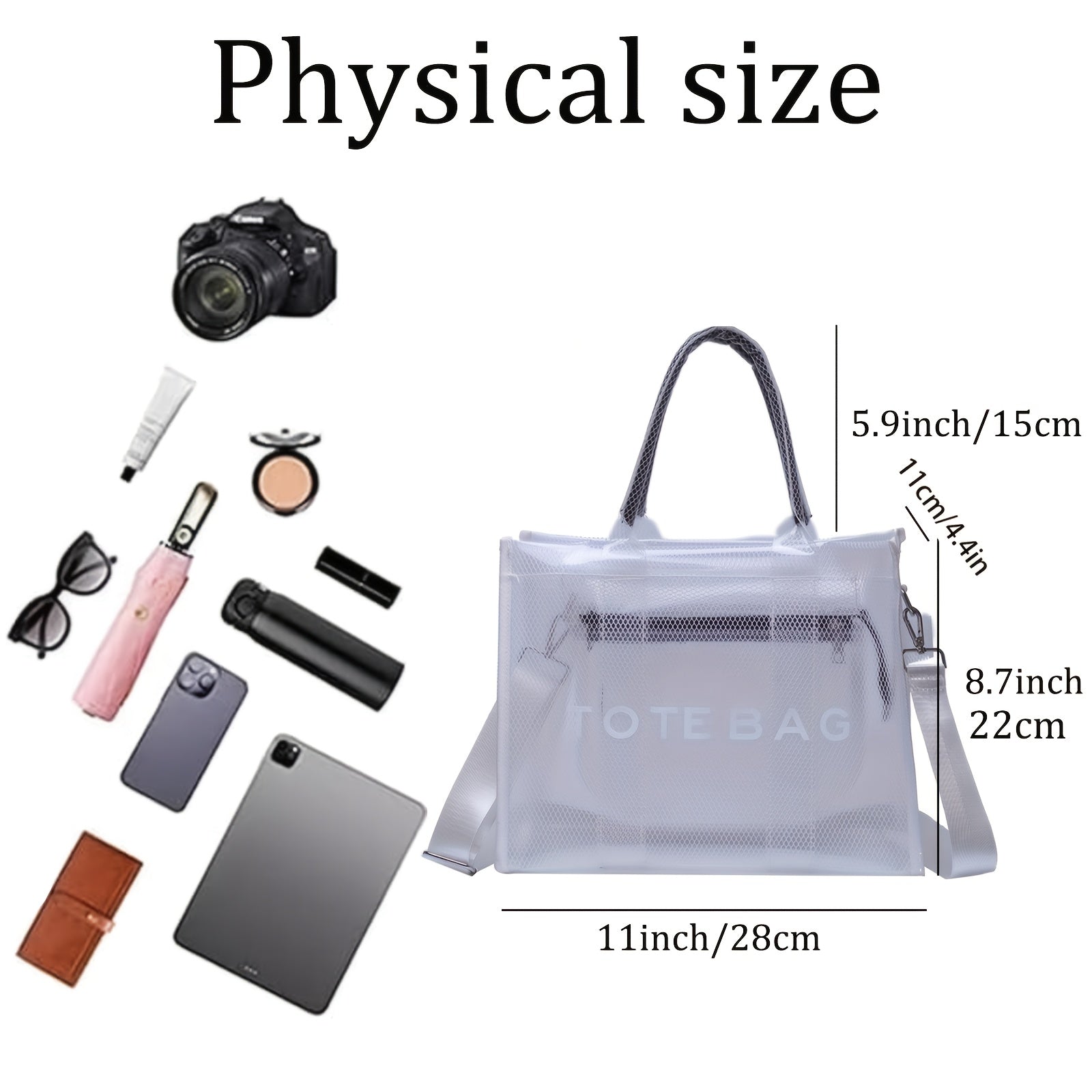 Stylish Transparent PVC Tote Bag with Crystal Detail – White Mesh Shoulder Handbag for Beach, Travel, and City Outings, City Shoulder Bag | Modern Handbag | Detachable Strap Bag