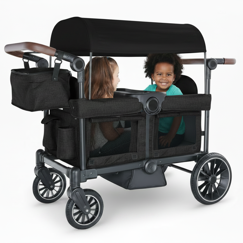 Black stroller with canopy, two children inside on a white background