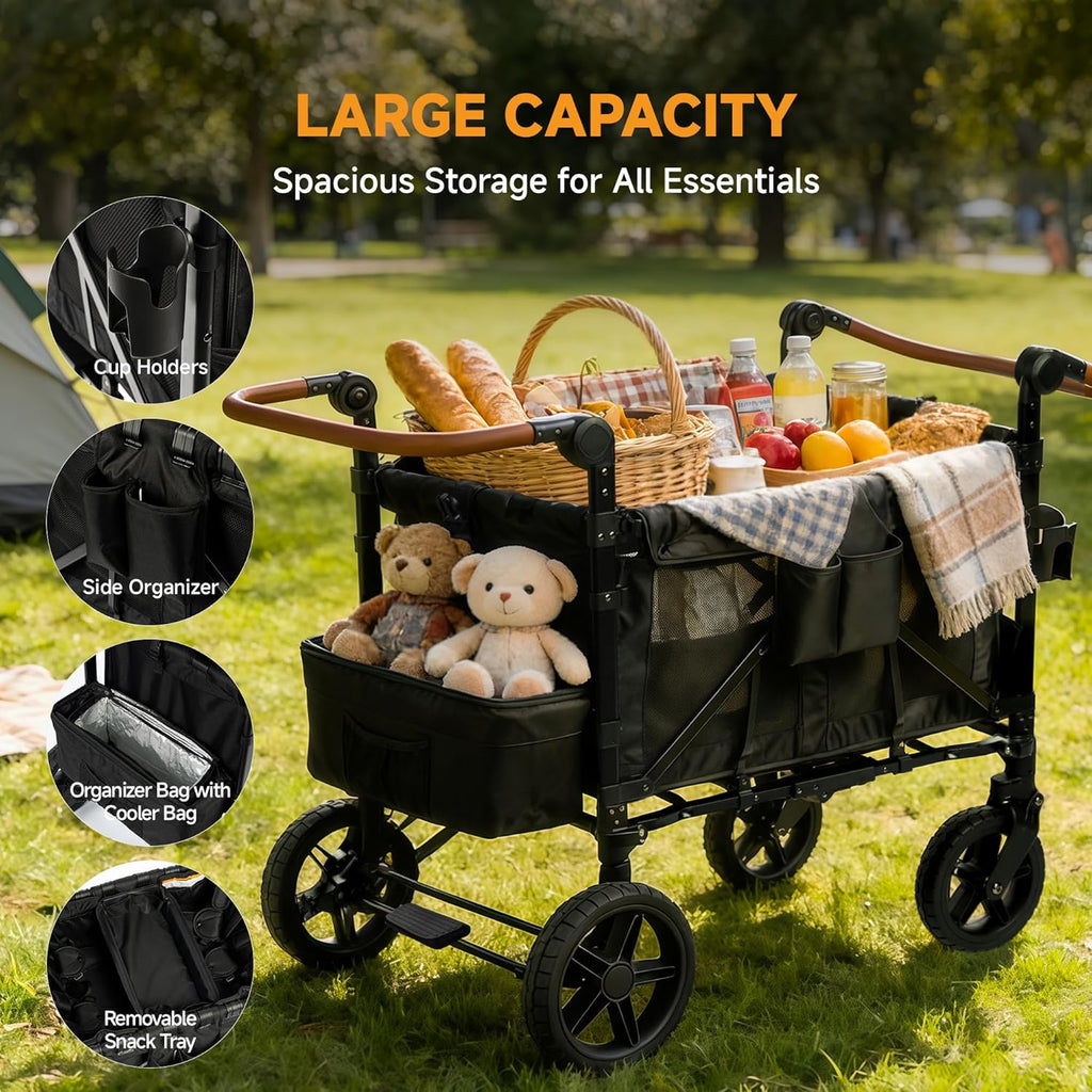 Osmika Black wagon with picnic items in a park, highlighting its large capacity and features.