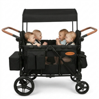 Black multi-seater stroller with four children sitting inside on a white background