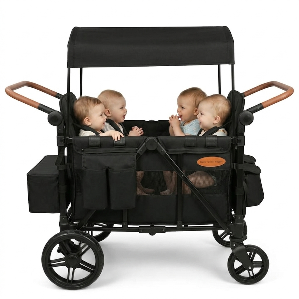 Black multi-seater stroller with four children sitting inside on a white background