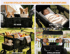 Child in a stroller with safety features highlighted, sitting in a park.
