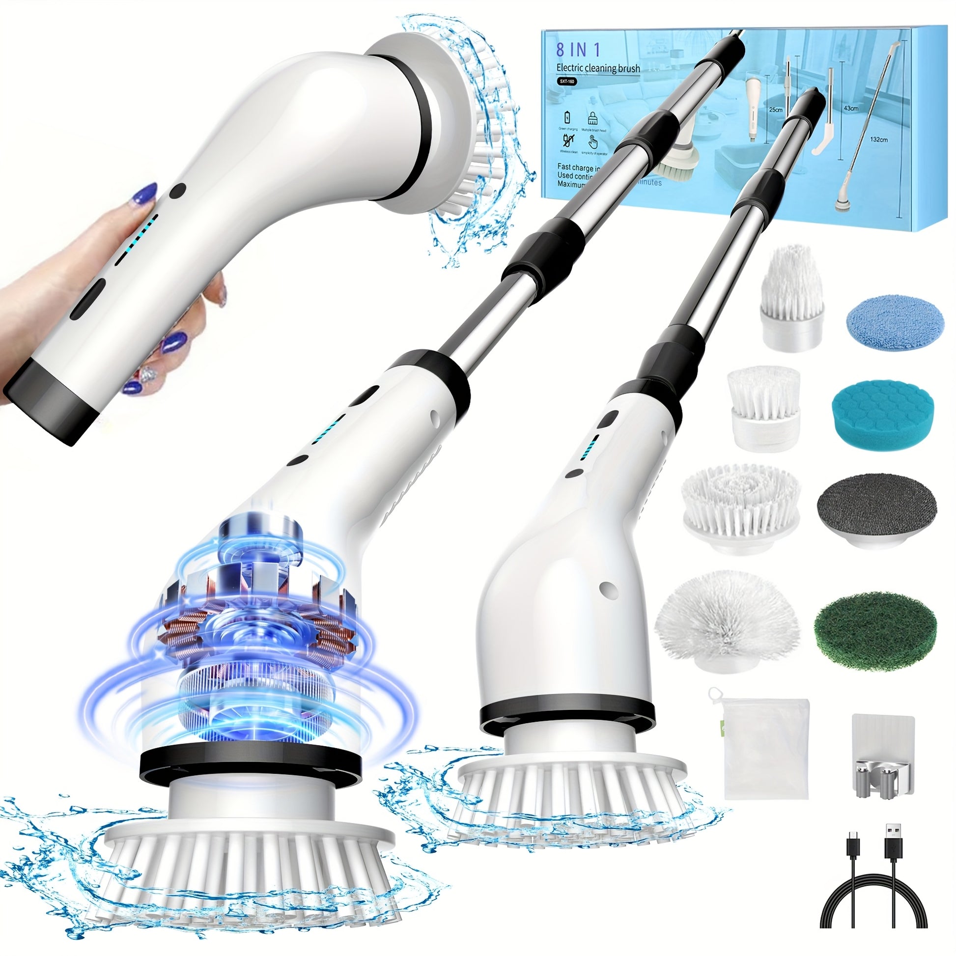 Electric Spin Scrubber, 2 Speeds, Cordless Power Spinning Cleaner Brush, Handheld Shower With 8 Replaceable Brush Heads+cleaner For Tile, Tub, Sink, Wall, Bathroom
