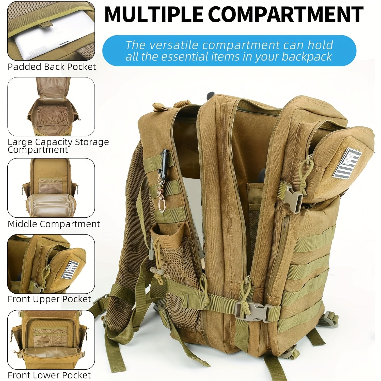 Military 45L Tactical Assault Backpack 3 day assault pack with Molle Waterproof backpack Khaki