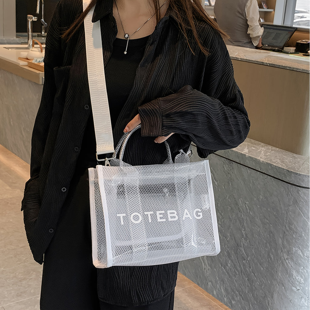 Stylish Transparent PVC Tote Bag with Crystal Detail – White Mesh Shoulder Handbag for Beach, Travel, and City Outings, City Shoulder Bag | Modern Handbag | Detachable Strap Bag