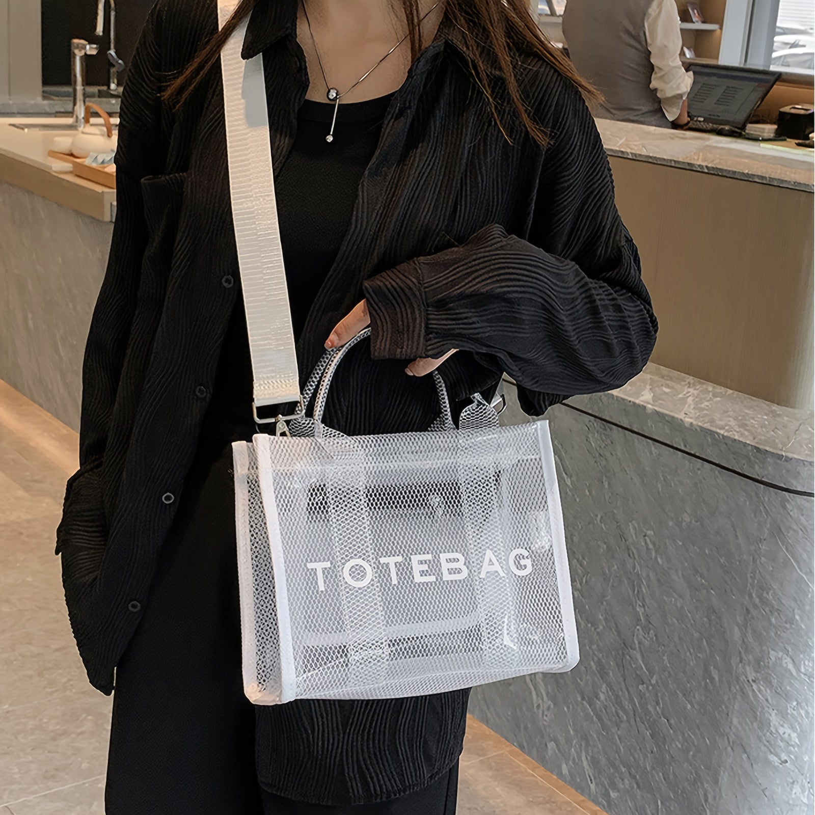 Stylish Transparent PVC Tote Bag with Crystal Detail – White Mesh Shoulder Handbag for Beach, Travel, and City Outings, City Shoulder Bag | Modern Handbag | Detachable Strap Bag