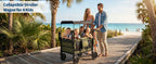 Family with a collapsible stroller wagon on a wooden boardwalk by the beach.