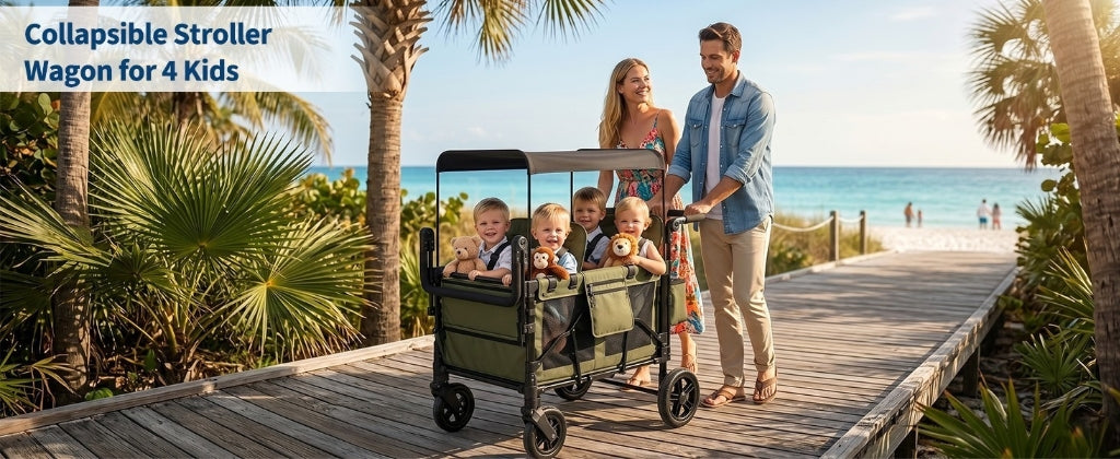 Family with a collapsible stroller wagon on a wooden boardwalk by the beach.