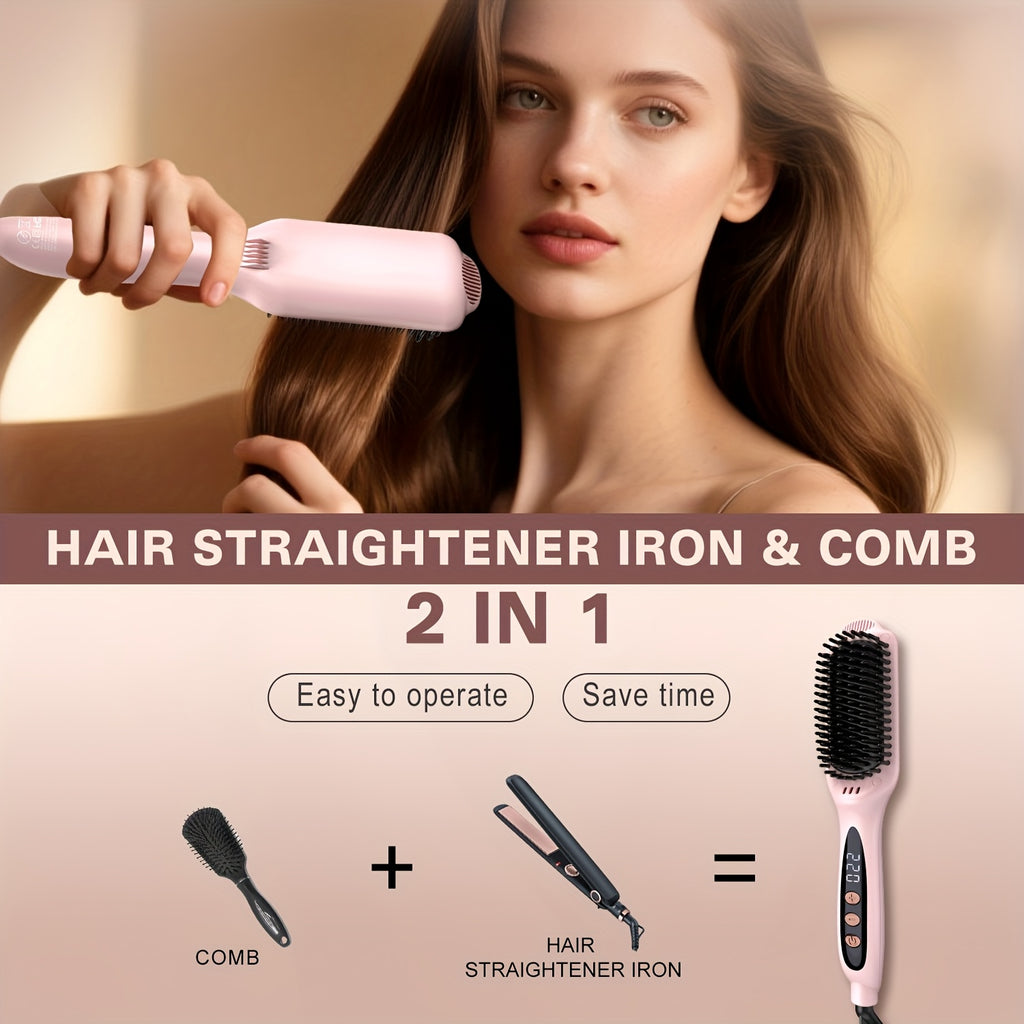 Hair Straightener Brush: Ceramic Negative Ionic Hot Brush for Straightening Smoothing Hair - Reduce Frizz 30s Fast Heating Dual Voltage