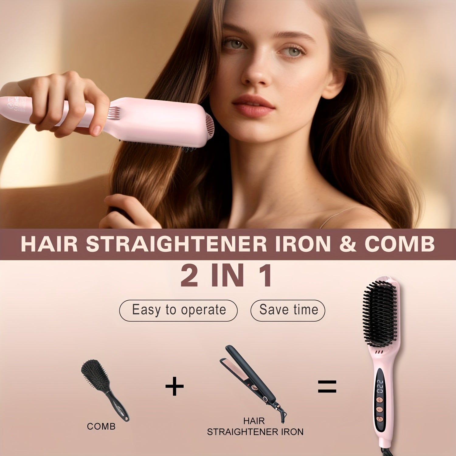 Hair Straightener Brush: Ceramic Negative Ionic Hot Brush for Straightening Smoothing Hair - Reduce Frizz 30s Fast Heating Dual Voltage