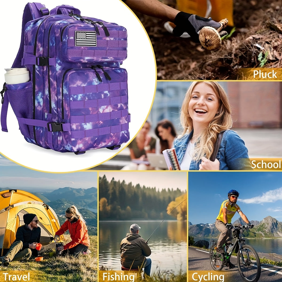 Military 45L Tactical Assault Backpack 3 day assault pack with Molle Waterproof backpack Purple Magic Color