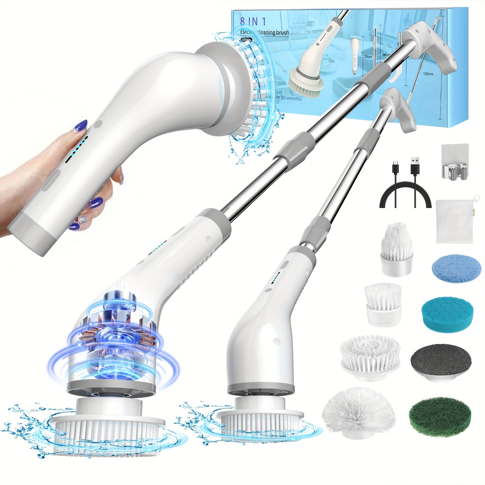Electric Spin Scrubber, 2 Speeds, Cordless Power Spinning Cleaner Brush, Handheld Shower With 8 Replaceable Brush Heads+cleaner For Tile, Tub, Sink, Wall, Bathroom