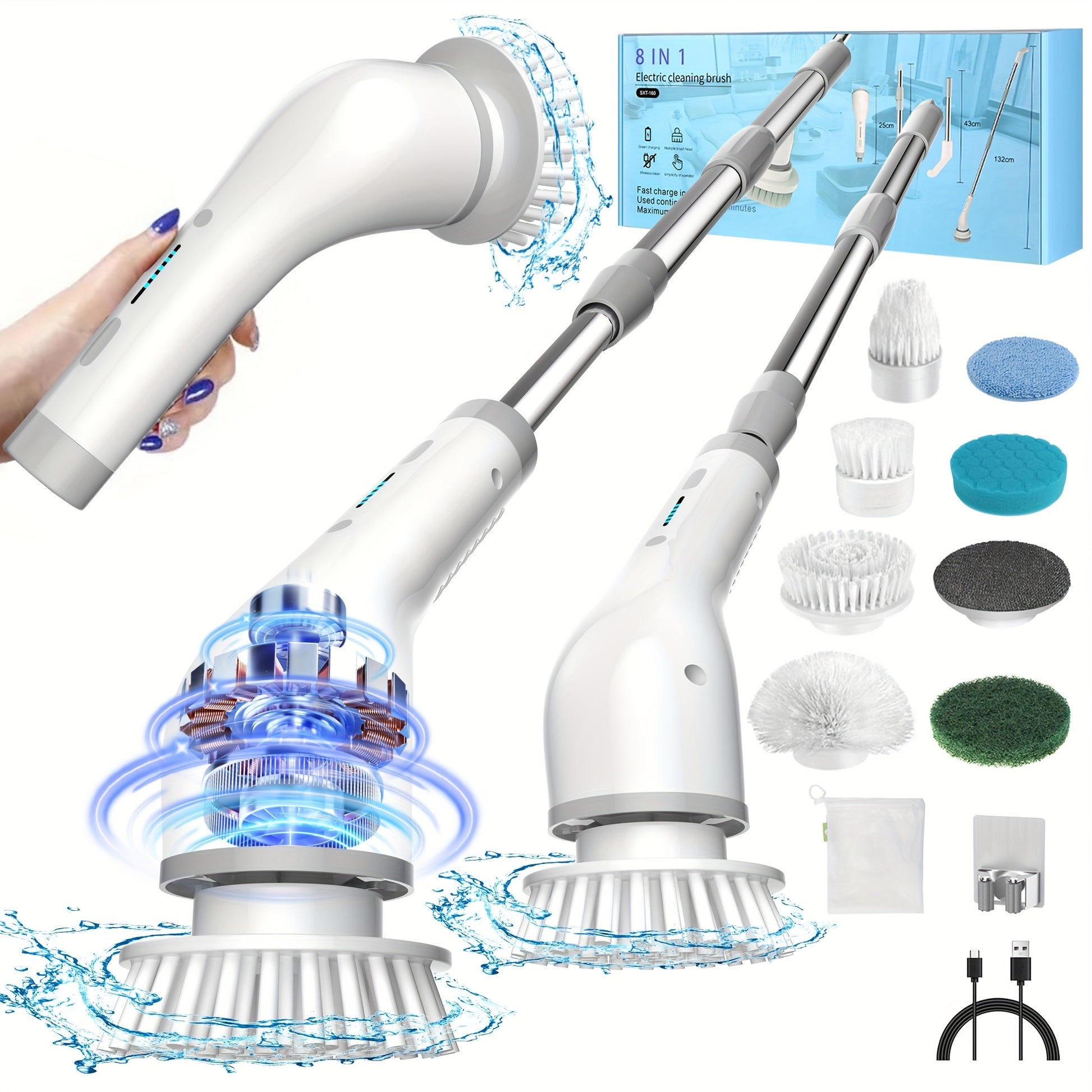 Electric Spin Scrubber, 2 Speeds, Cordless Power Spinning Cleaner Brush, Handheld Shower With 8 Replaceable Brush Heads+cleaner For Tile, Tub, Sink, Wall, Bathroom
