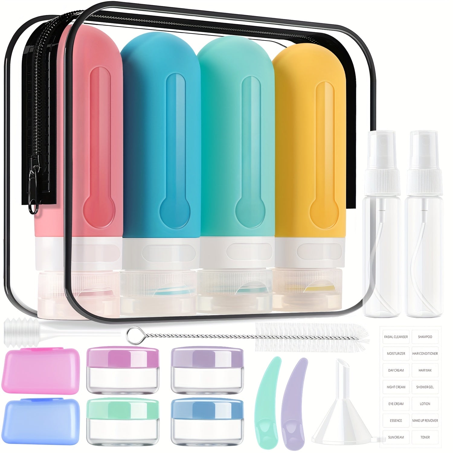 AMMAX 4 Pack Travel Bottles - BPA Free, Leak Proof, Refillable 3.3oz Tubs for Toiletries, Cosmetic Shampoo, Lotion & Soap, with Toiletry Bag