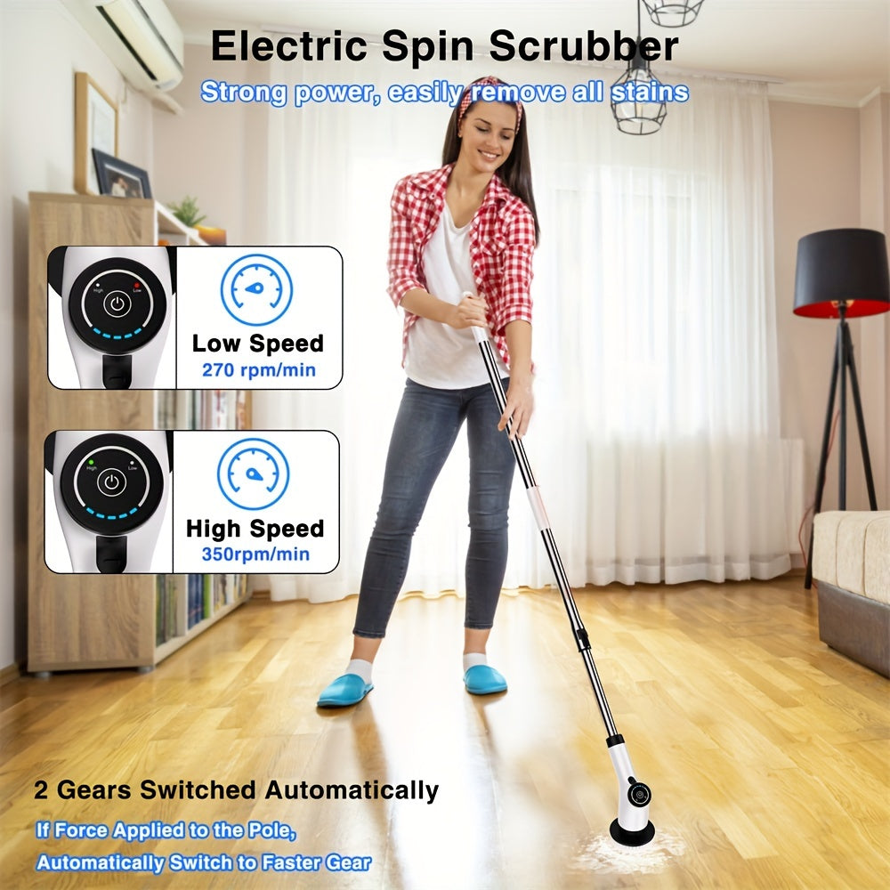 Electric Spin Scrubber, Cordless Cleaning Brush with 8 Replaceable Brush Heads and Adjustable Extension Handle, Power Scrubber Dual Speed Shower Scrubber for Tub, Tile, Floor, Bathroom, Kitchen, Car