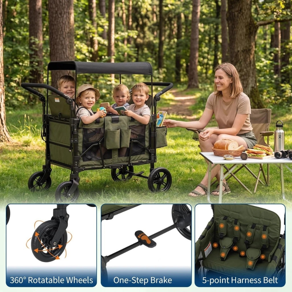 Osmika wagon stroller one-step rear brake and steel frame detail
