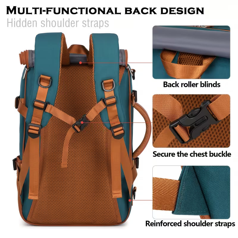 Multifunctional backpack with highlighted features on a white background