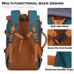 Multifunctional backpack with highlighted features on a white background