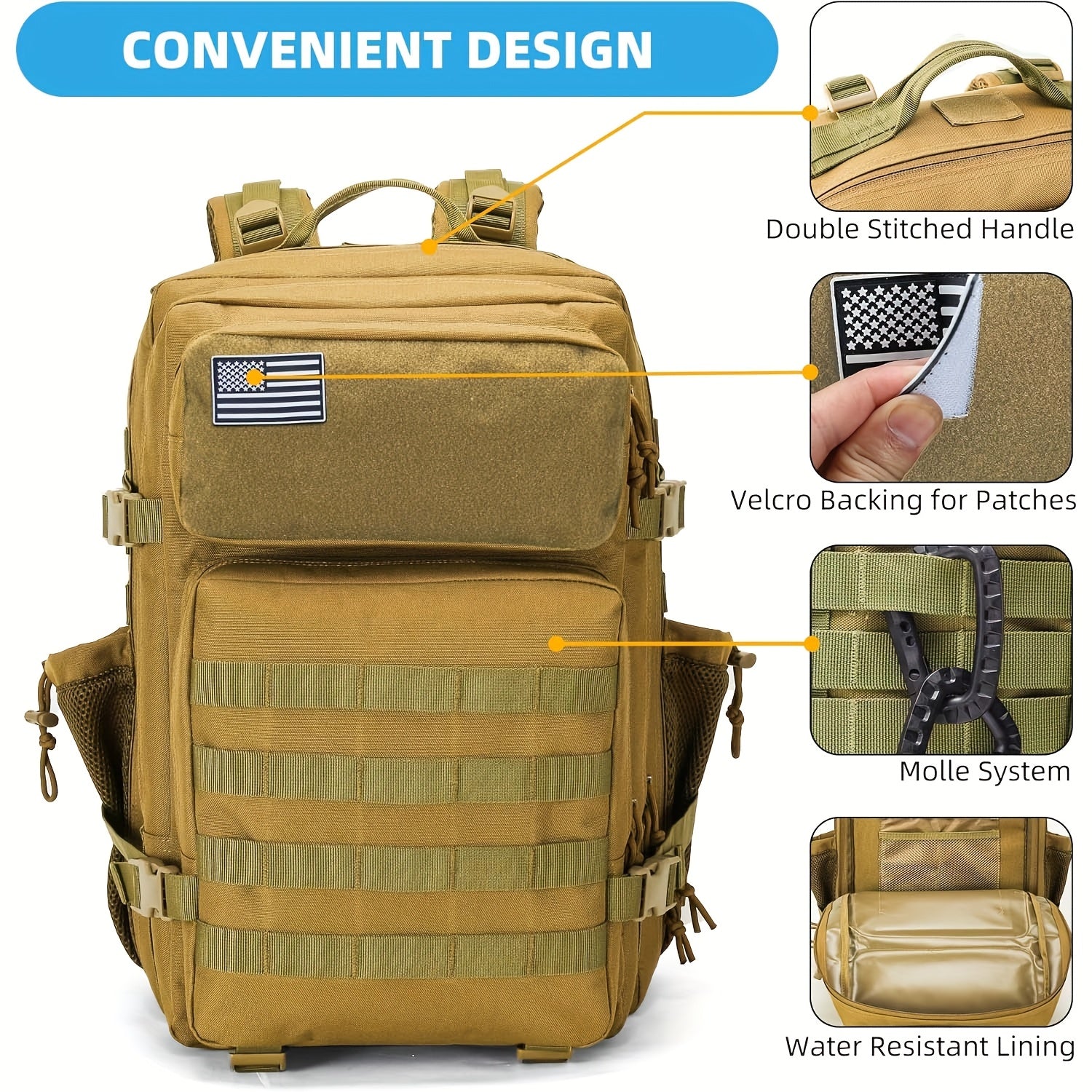 Military 45L Tactical Assault Backpack 3 day assault pack with Molle Waterproof backpack Khaki