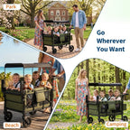 osmika Collage of a family using a green wagon in various outdoor settings.